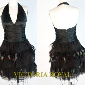 Victoria Royal Black Swan Satin Feathered Chiffon Halter Cocktail Dress 6/8